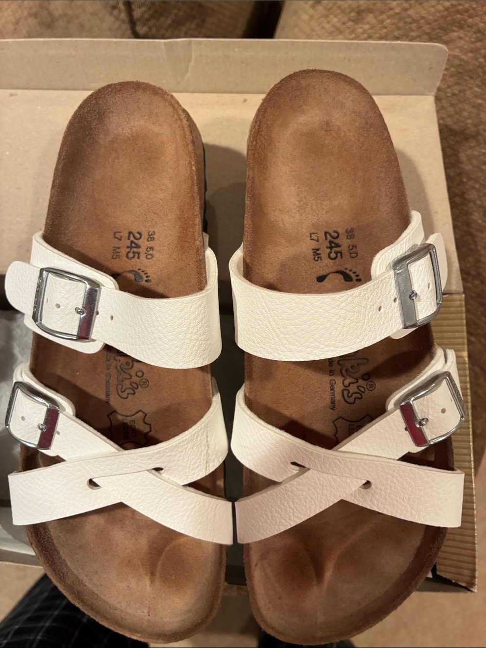 Birki’s White Double-Buckle Women’s Sandals with Contoured Footbed